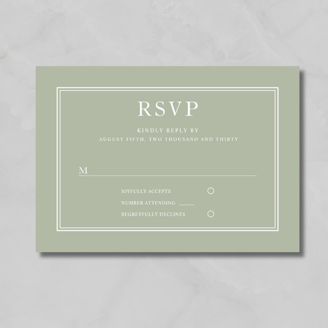 Tarjeta RSVP de la moderna elegancia formal de la  (Modern Elegant Formal Sage Green Wedding RSVP Card)