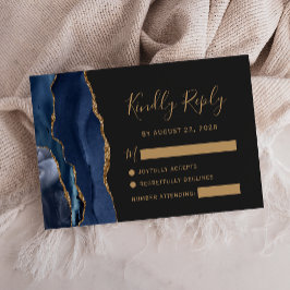 Tarjeta RSVP de la moderna Navy Blue Gold Agate Da