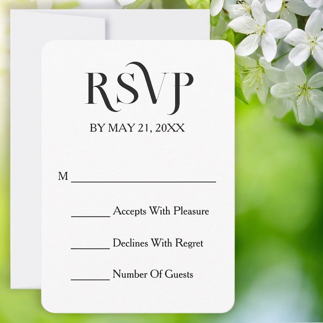Tarjeta RSVP de la moderna y elegante boda blanca  (Stylishly Personalize with Your Custom Information.)