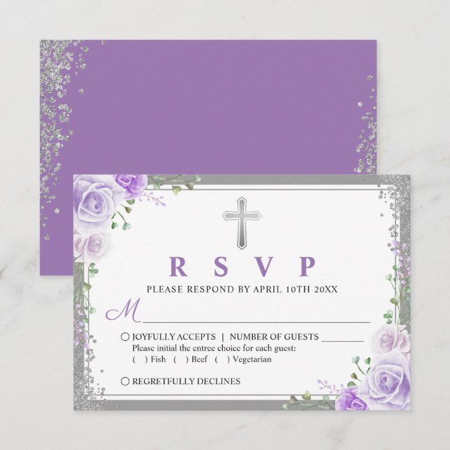 Tarjeta RSVP de la primera comunión floral púrpura (Anverso / Reverso)