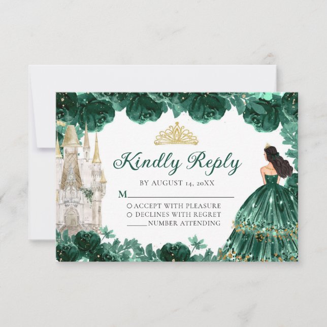 Tarjeta RSVP de la princesa de oro verde esmeralda (Anverso)