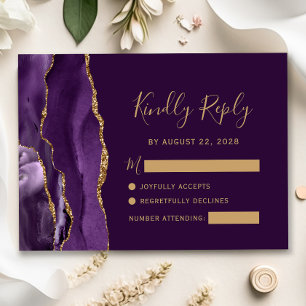 Tarjeta RSVP de la Purple Gold Agate Plum Wedm Wed