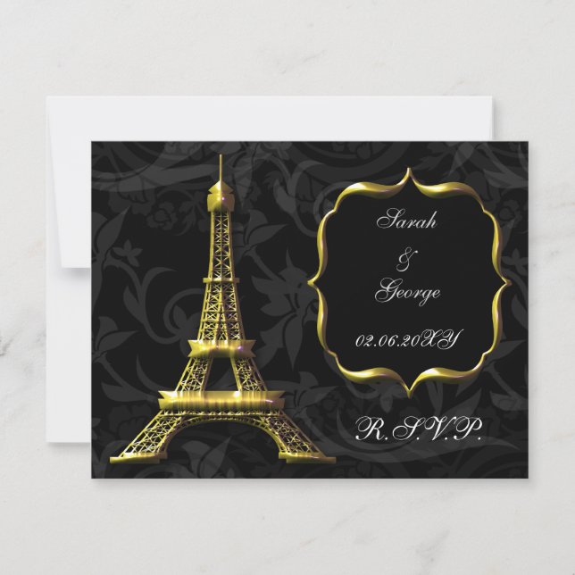 tarjeta rsvp de la torre dorada Eiffel french Wedd (Anverso)