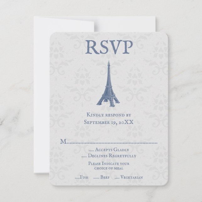Tarjeta RSVP de la Torre Eiffel Azul Damask Weddin (Anverso)