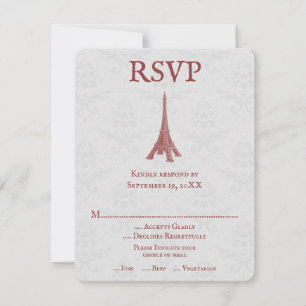 Tarjeta RSVP de la Torre Eiffel Roja Damask Weddin