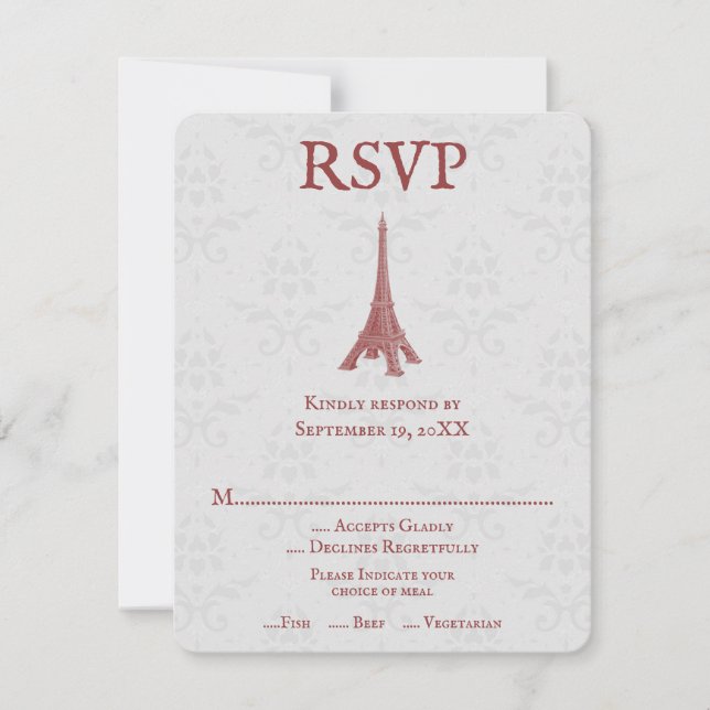 Tarjeta RSVP de la Torre Eiffel Roja Damask Weddin (Anverso)