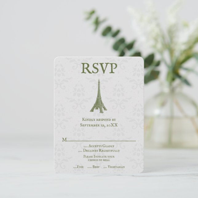 Tarjeta RSVP de la Torre Eiffel Verde Damask Weddi (Anverso de pie)