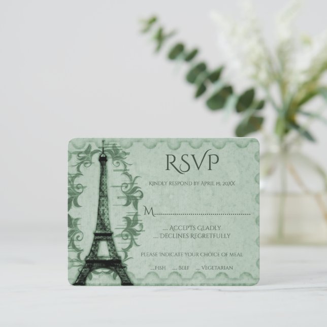 Tarjeta RSVP de la Torre Eiffel Verde Wedding (Anverso de pie)