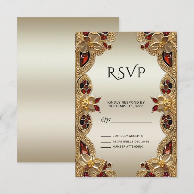 Tarjeta RSVP de las Flores de Oro Gemstone Rojo Sp (Anverso / Reverso)