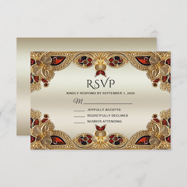 Tarjeta RSVP de las Flores de Oro Gemstone Rojo Sp (Anverso / Reverso)
