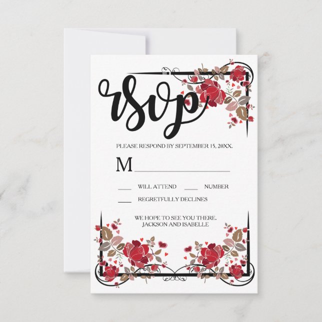 Tarjeta RSVP de las rosas rojas de la Moda Boho (Anverso)