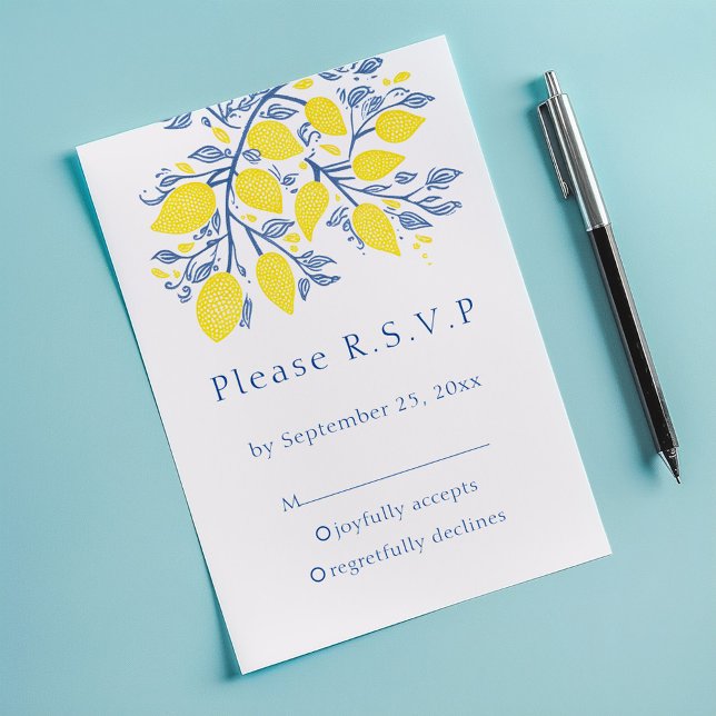 Tarjeta RSVP de Lemon Vines de inspiración mediter (Mediterranean garden Lemon Vines RSVP Response Card.)