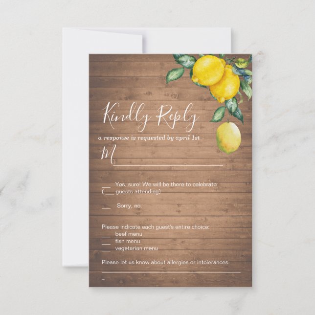 Tarjeta RSVP de lémones y bodas de madera (Anverso)
