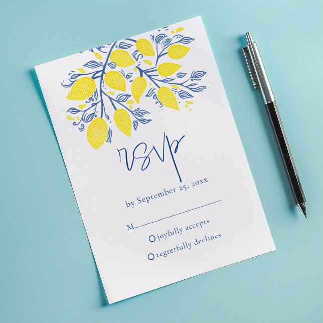 Tarjeta RSVP de limón amarillo simple mediterráneo (Mediterranean garden Lemon Vines RSVP Response Card.)