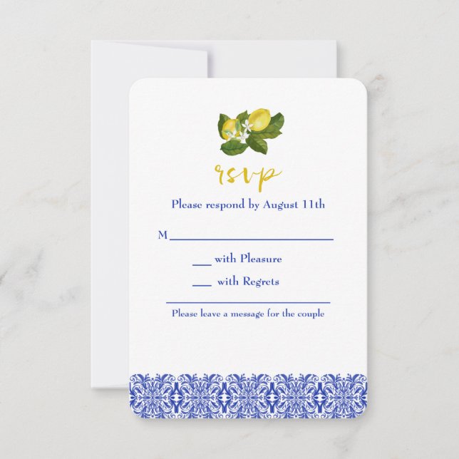 Tarjeta RSVP de limón y mosaico azul limone I (Anverso)