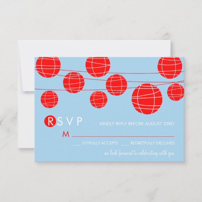 Tarjeta RSVP de linternas de papel azul y rojo chi (Anverso)