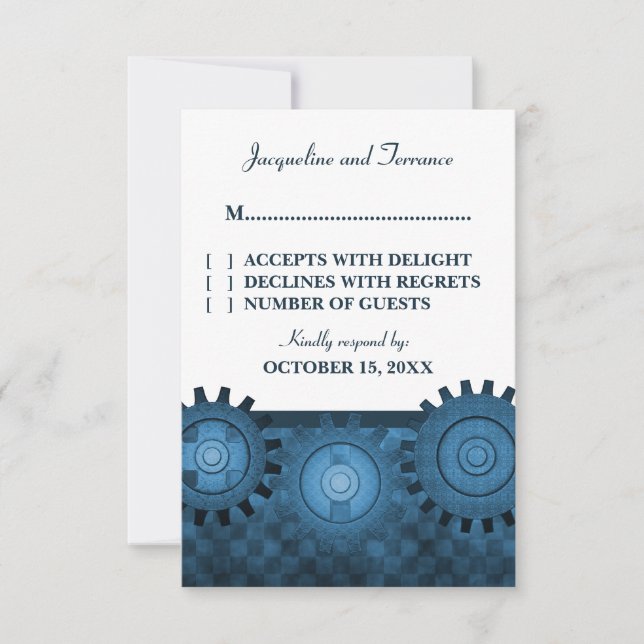 Tarjeta RSVP de los engranajes de vapor, azul (Anverso)