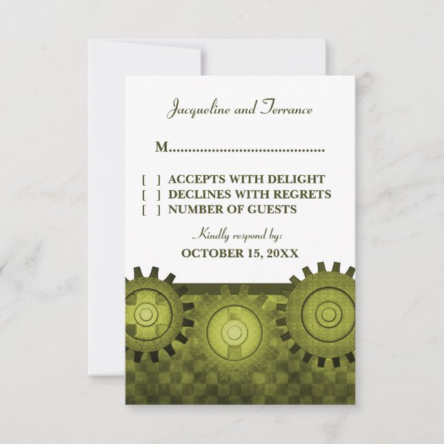 Tarjeta RSVP de los engranajes de vapor, verde (Anverso)