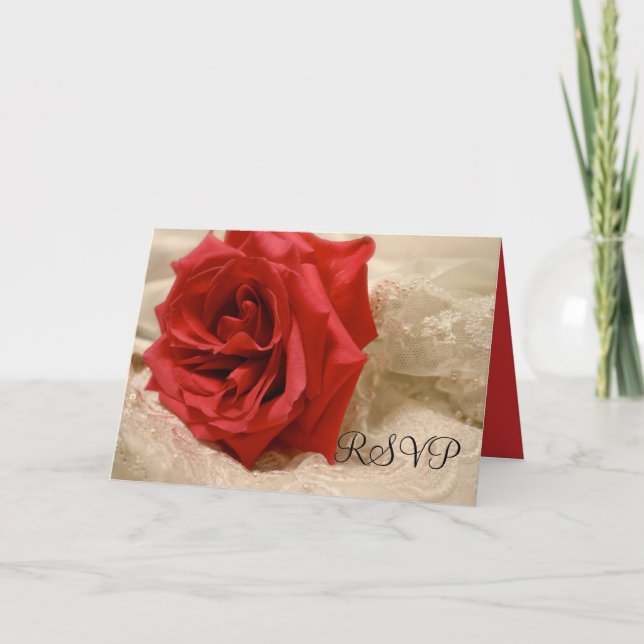 Tarjeta RSVP de lujo elegante Red Rose Lace (Anverso)