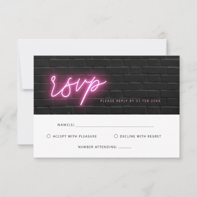 Tarjeta RSVP de luz de resplandor de neón negro y  (Anverso)