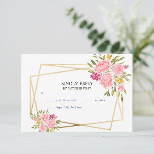 Tarjeta RSVP de marco dorado y floral de coral ros