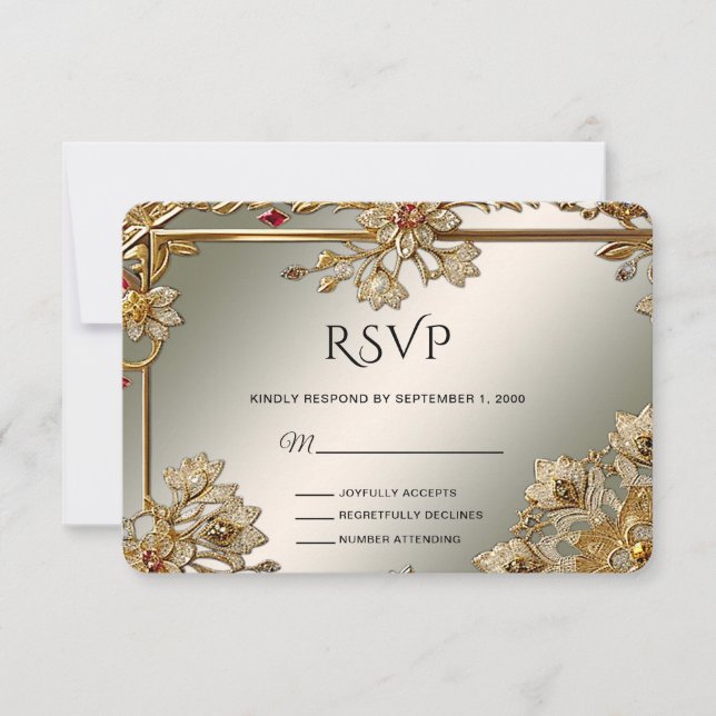 Tarjeta RSVP de marco floral Ornate dorado (Anverso)