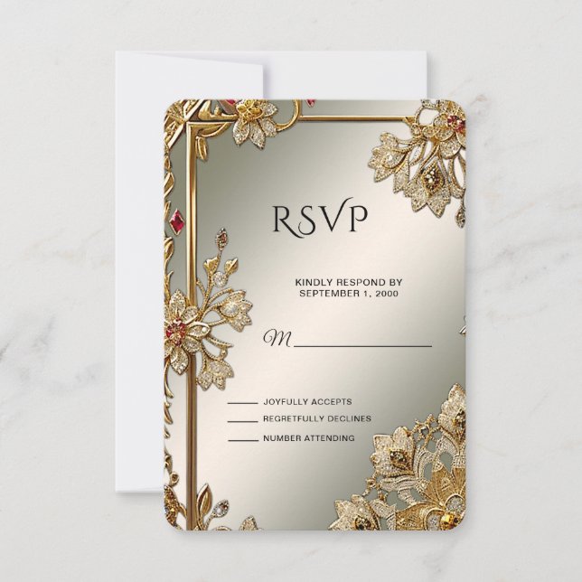 Tarjeta RSVP de marco floral Ornate dorado (Anverso)