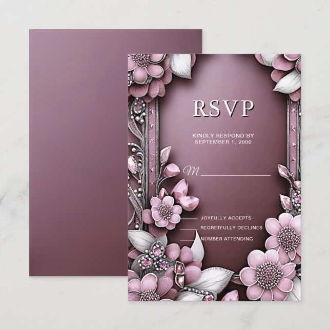 Tarjeta RSVP de marco floral rosa (Anverso / Reverso)
