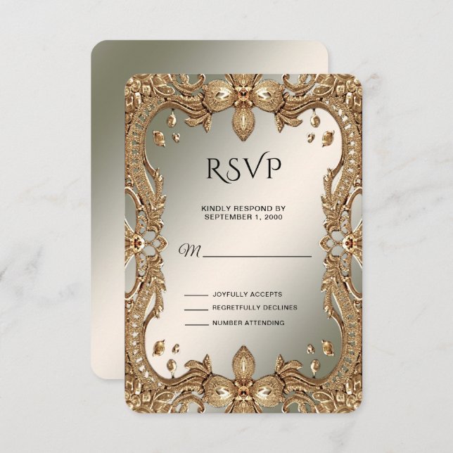 Tarjeta RSVP de marco Ornate Gold (Anverso / Reverso)