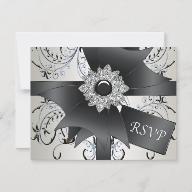 Tarjeta RSVP de marfil de giratoria azul negro (Anverso)