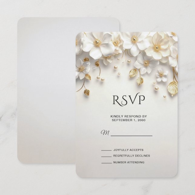 Tarjeta RSVP de marfil de oro floral blanco (Anverso / Reverso)