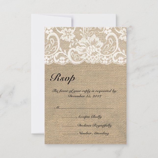 Tarjeta RSVP de Marfil Lace y Warm Burlap Wedding (Anverso)