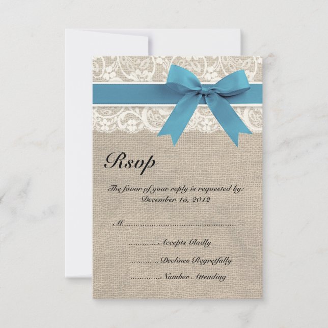 Tarjeta RSVP de Marfil y Blue Lace y Burlap (Anverso)