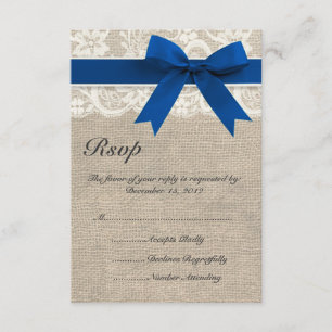 Tarjeta RSVP de Marfil y Blue Lace y Burlap Weddin
