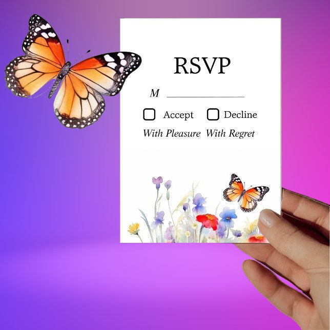 Tarjeta RSVP de Mariposa acuarela y flores silvest (Subido por el creador)