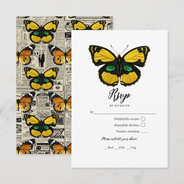 Tarjeta RSVP de mariposa de campo rústico (Anverso / Reverso)