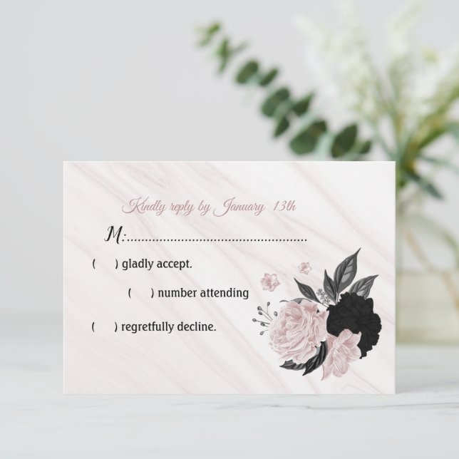 tarjeta RSVP de mármol negro y rosa (Anverso de pie)