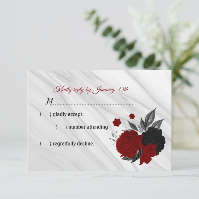 tarjeta RSVP de mármol rojo y negro (Anverso de pie)