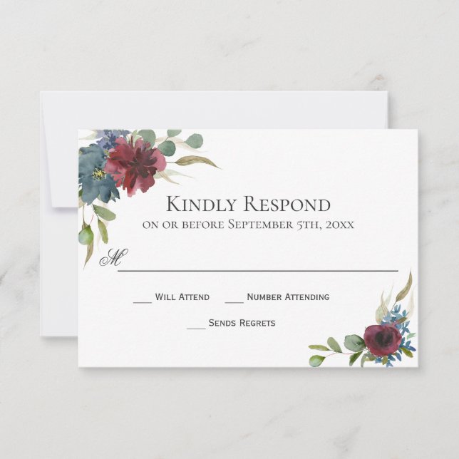 Tarjeta RSVP de Marsala Borgoña Boda Roja y Azul (Anverso)