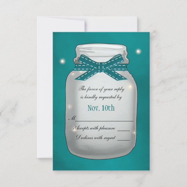 Tarjeta RSVP de Mason Jar verde azulada con luciér (Anverso)