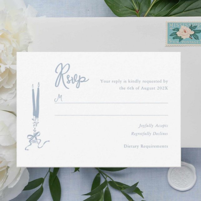 Tarjeta RSVP de matrimonio azul turbulento (dusty blue hand drawn rsvp card, modern vintage inspired illustrated blue response card, )