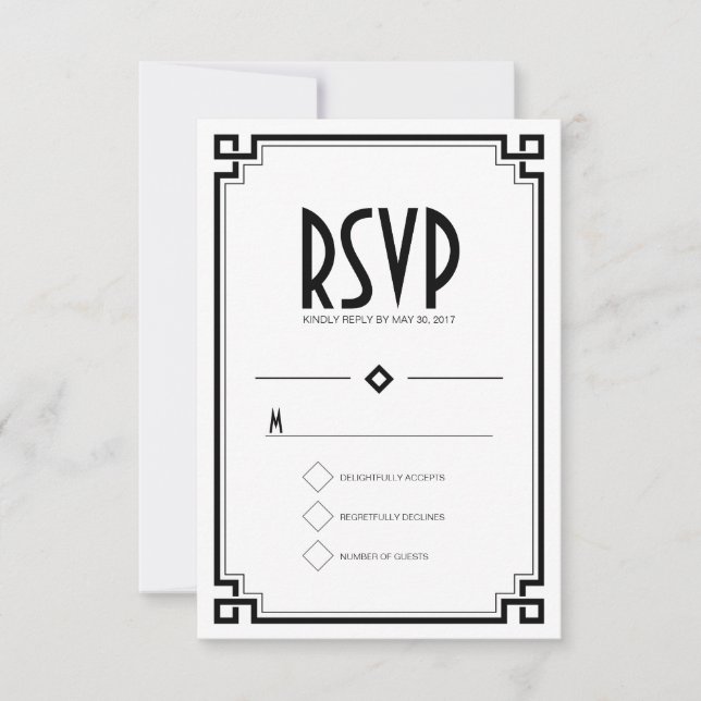 Tarjeta RSVP de matrimonio blanco con marco negro  (Anverso)