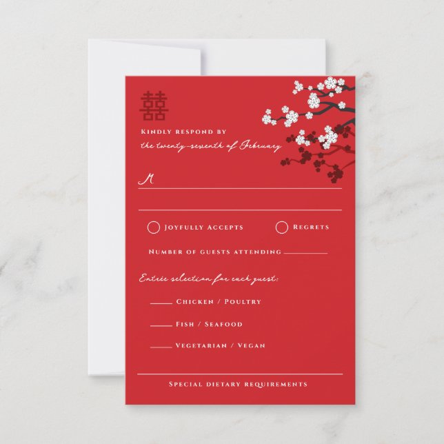 Tarjeta RSVP de matrimonio chino Sakura doble feli (Anverso)
