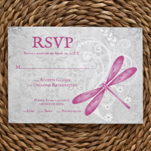 Tarjeta RSVP de matrimonio con libélula magenta