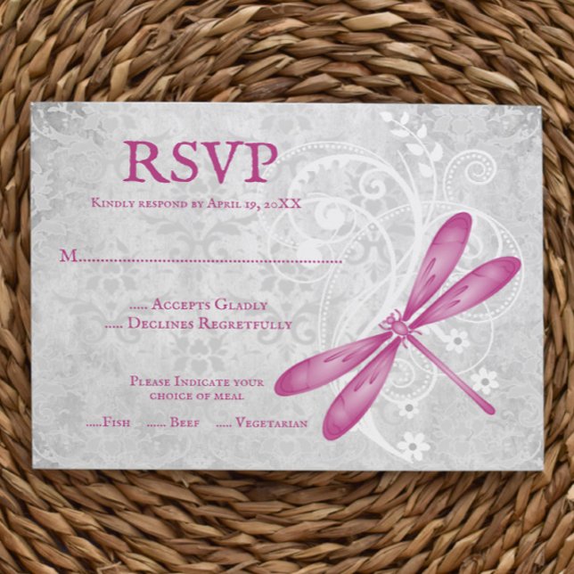 Tarjeta RSVP de matrimonio con libélula magenta (Magenta Dragonfly Wedding RSVP Card)