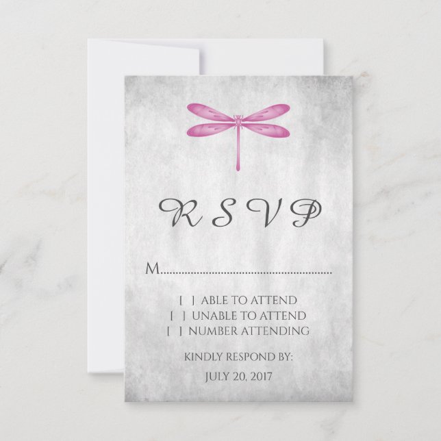 Tarjeta RSVP de matrimonio con libélula magenta (Anverso)