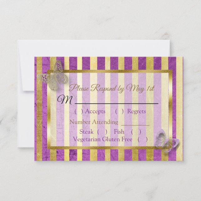 Tarjeta RSVP de matrimonio con mariposa rayada púr (Anverso)
