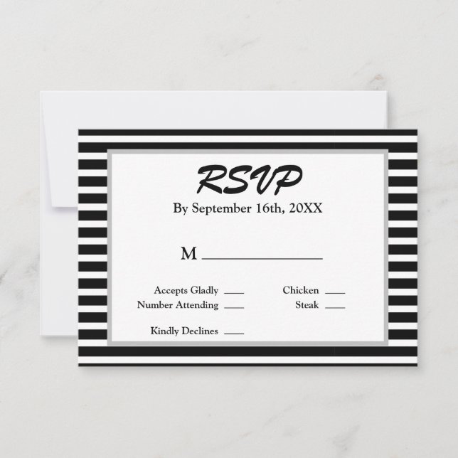 Tarjeta RSVP de matrimonio con rayas blancas/negra (Anverso)
