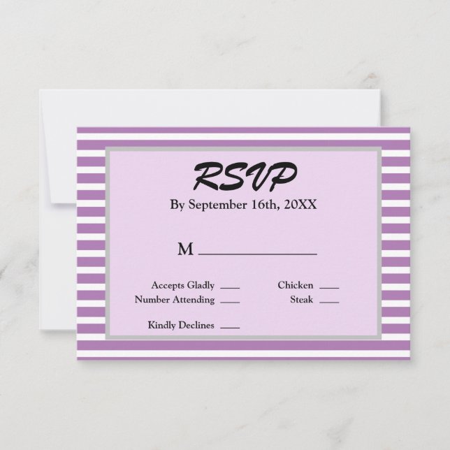 Tarjeta RSVP de matrimonio con rayas moradas/blanc (Anverso)