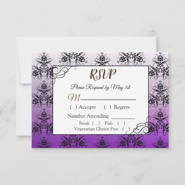 Tarjeta RSVP de matrimonio Damasco negro y púrpura (Anverso)